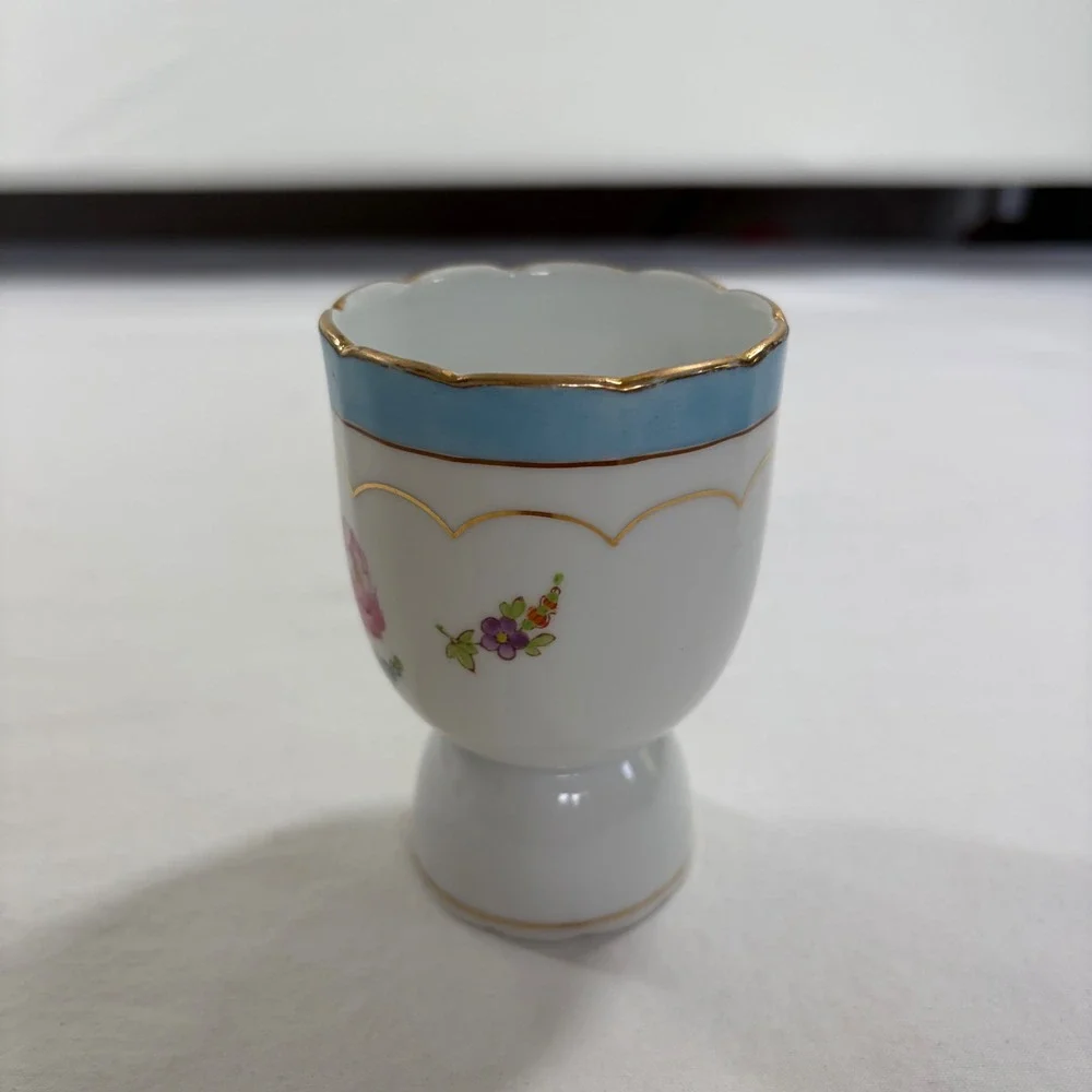 Vintage Noritake China Hand Painted Floral Creamer Sugar Egg Cup Set Blue Gold
